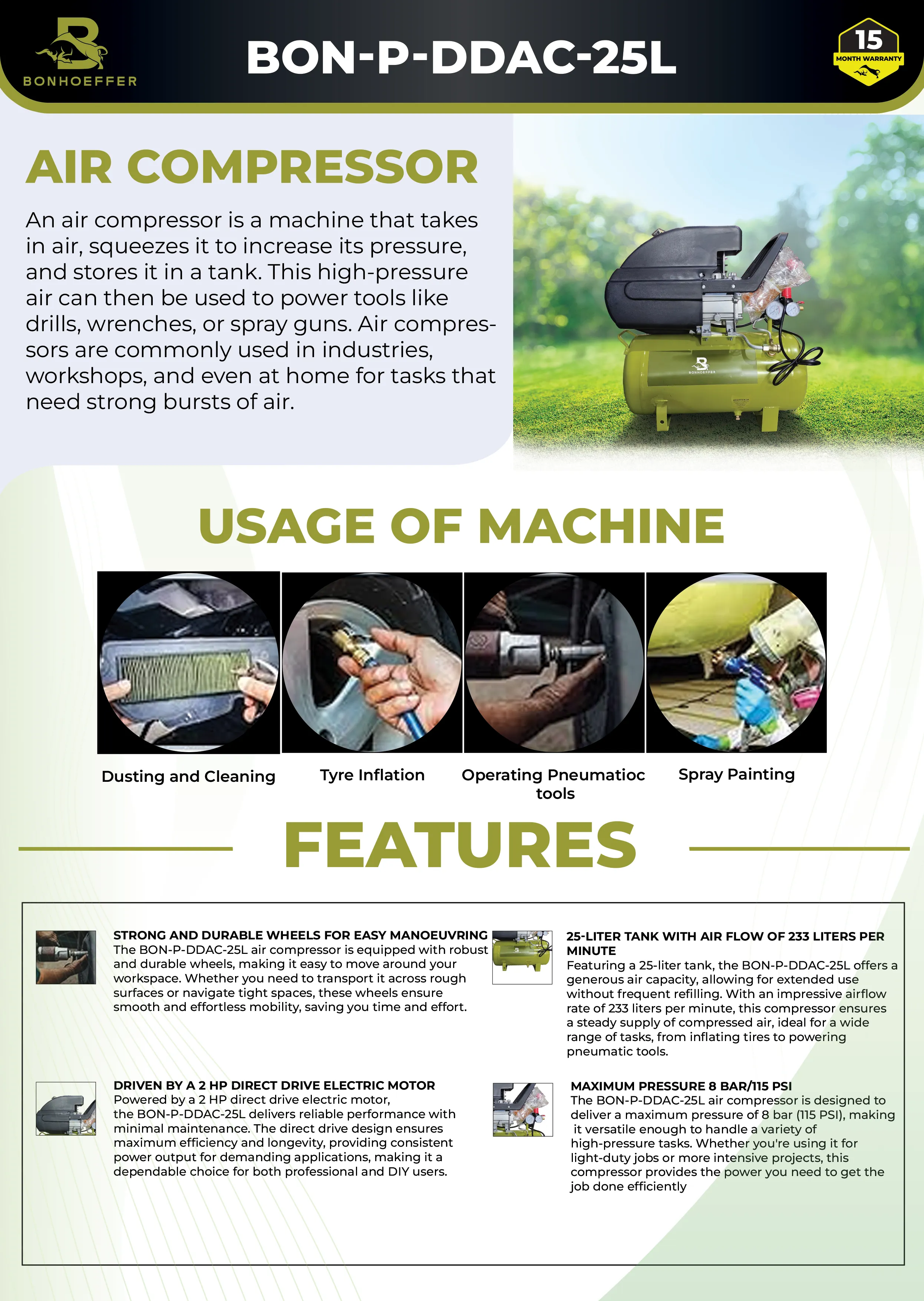 BON-P-DDAC-25L [ Best Air Compressor For Industrial Use ]