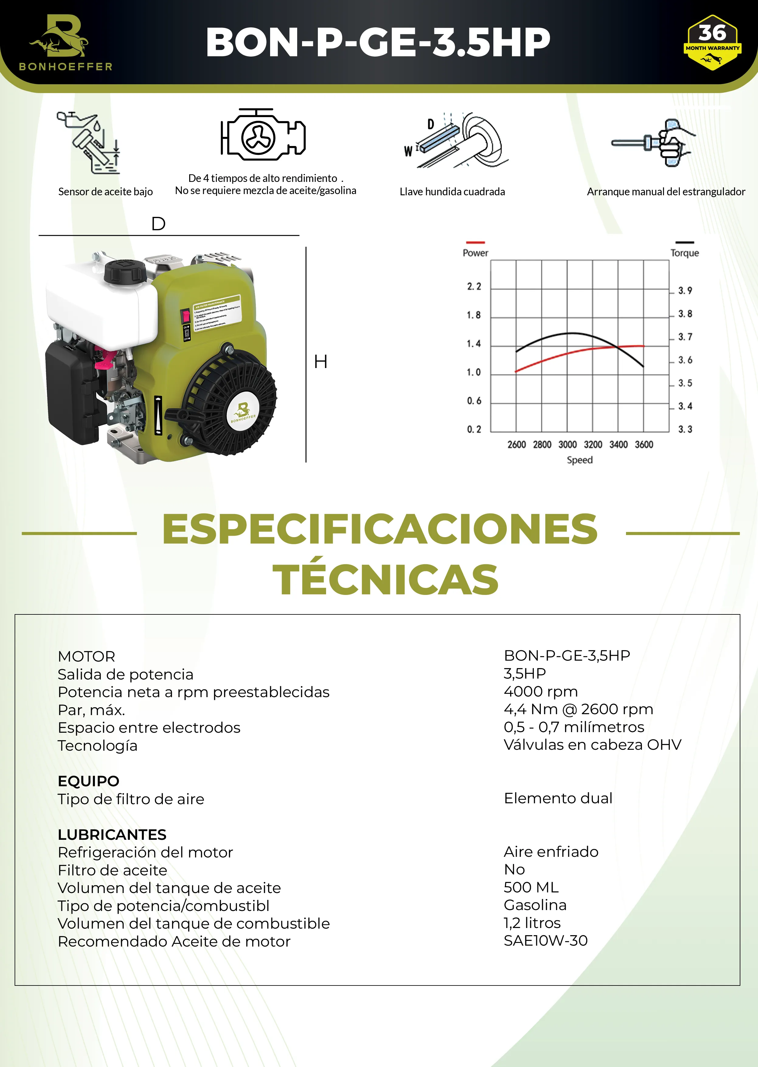 BON-P-GE-3.5HP - Motor de gasolina de 4 tiempos 3 HP
